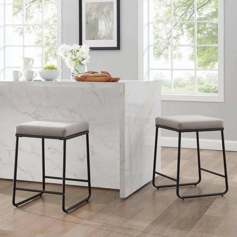 Beckett 24 in. Black Backless Metal Counter Height Stool with Gray Velvet Seat (Set of 2) by CROSLEY FURNITURE 4 Beckett 24 in. Black Backless Metal Counter Height Stool with Gray Velvet Seat (Set of 2) by CROSLEY FURNITURE - Image 2