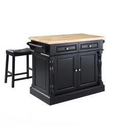 Oxford Black Kitchen Island with Saddle Stools by CROSLEY FURNITURE