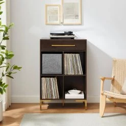 Juno Black Record Storage Cube Bookshelf with Speaker by CROSLEY FURNITURE -Deals CROSLEY FURNITURE Store brown crosley furniture media storage kf13122br bk 31 1000