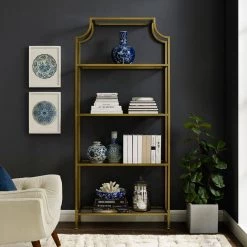 80 in. Gold/Clear Metal 4-shelf Etagere Bookcase with Open Back by CROSLEY FURNITURE -Deals CROSLEY FURNITURE Store gold crosley furniture bookcases bookshelves cf6101 gl 31 1000