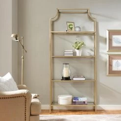 80 in. Gold/Clear Metal 4-shelf Etagere Bookcase with Open Back by CROSLEY FURNITURE -Deals CROSLEY FURNITURE Store gold crosley furniture bookcases bookshelves cf6101 gl 4f 1000