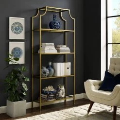 80 in. Gold/Clear Metal 4-shelf Etagere Bookcase with Open Back by CROSLEY FURNITURE -Deals CROSLEY FURNITURE Store gold crosley furniture bookcases bookshelves cf6101 gl 76 1000