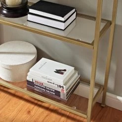 80 in. Gold/Clear Metal 4-shelf Etagere Bookcase with Open Back by CROSLEY FURNITURE -Deals CROSLEY FURNITURE Store gold crosley furniture bookcases bookshelves cf6101 gl fa 1000