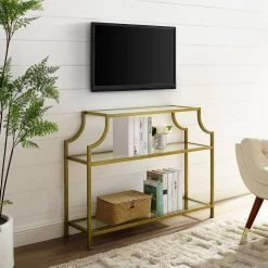 Aimee 43 in. Gold Standard Rectangle Glass Console Table with Storage by CROSLEY FURNITURE -Deals CROSLEY FURNITURE Store gold crosley furniture console tables cf1307 gl 31 1000