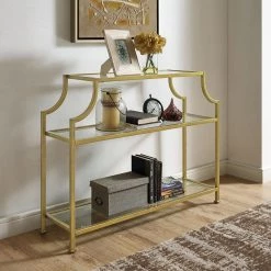 Aimee 43 in. Gold Standard Rectangle Glass Console Table with Storage by CROSLEY FURNITURE -Deals CROSLEY FURNITURE Store gold crosley furniture console tables cf1307 gl 44 1000