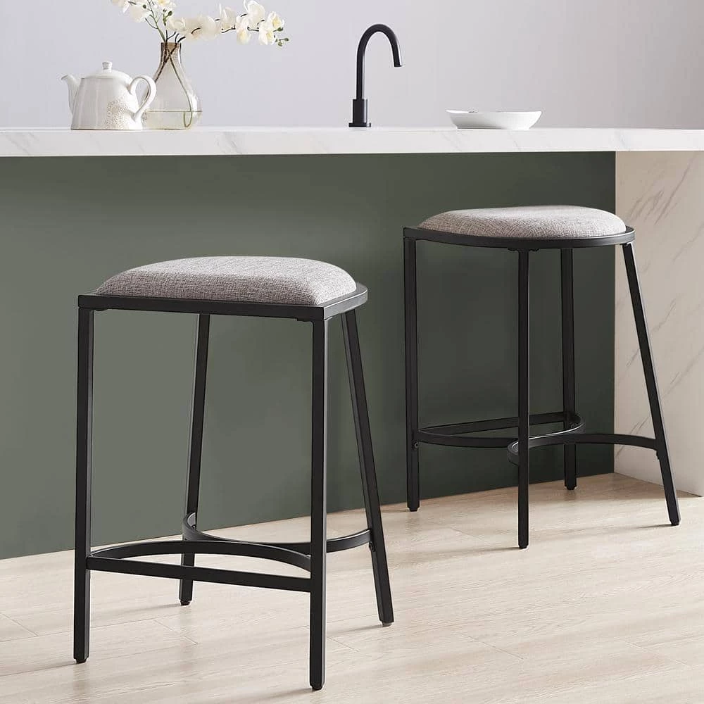 Ellery 24 in. Matte Black Backless Metal Cushioned Bar Stool with Fabric Seat (Set of 2) by CROSLEY FURNITURE 4 Ellery 24 in. Matte Black Backless Metal Cushioned Bar Stool with Fabric Seat (Set of 2) by CROSLEY FURNITURE - Image 2