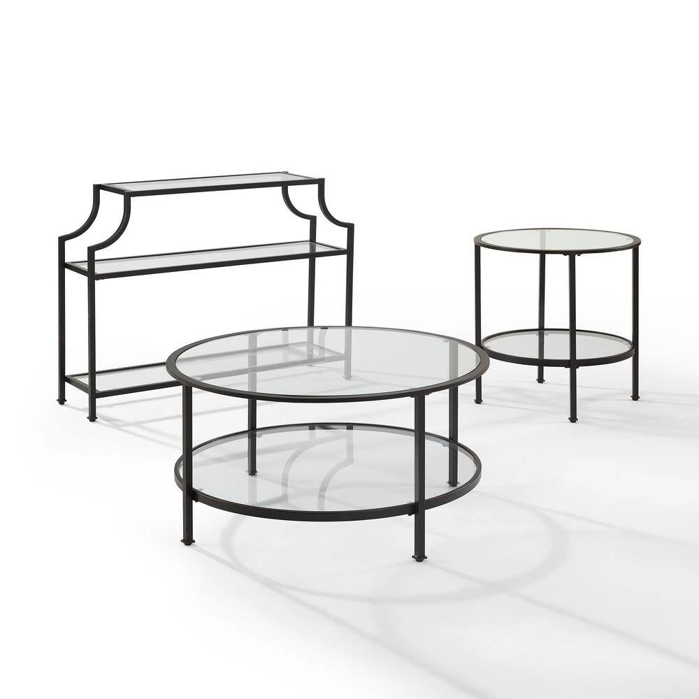 Aimee 3-Piece Oil Rubbed Bronze Round Glass Coffee Table Set with Shelf by CROSLEY FURNITURE 5 Aimee 3-Piece Oil Rubbed Bronze Round Glass Coffee Table Set with Shelf by CROSLEY FURNITURE - Image 3