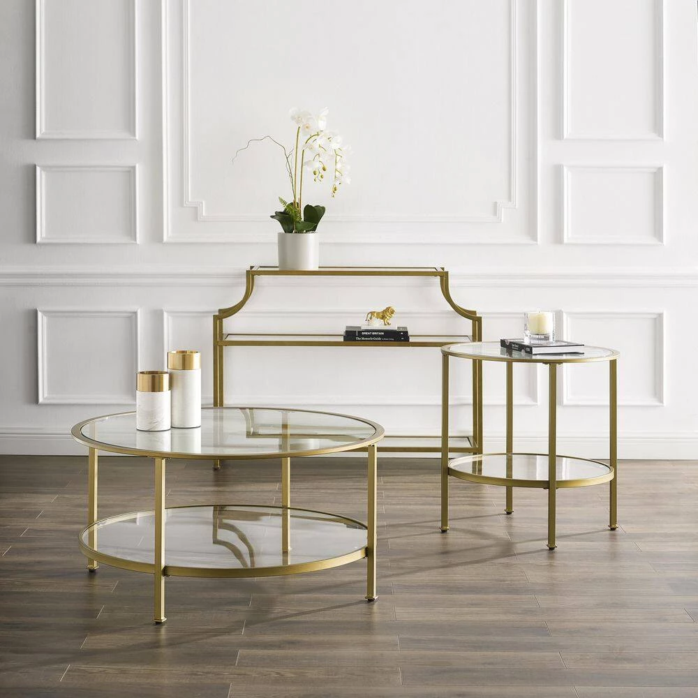 Aimee 3-Piece Gold Round Glass Coffee Table Set with Shelf by CROSLEY FURNITURE 7 Aimee 3-Piece Gold Round Glass Coffee Table Set with Shelf by CROSLEY FURNITURE - Image 5