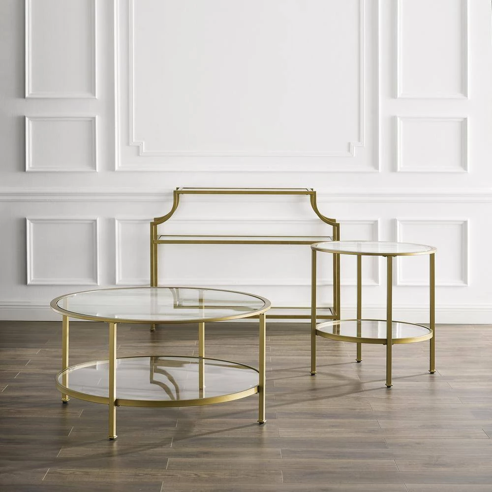 Aimee 3-Piece Gold Round Glass Coffee Table Set with Shelf by CROSLEY FURNITURE 5 Aimee 3-Piece Gold Round Glass Coffee Table Set with Shelf by CROSLEY FURNITURE - Image 3