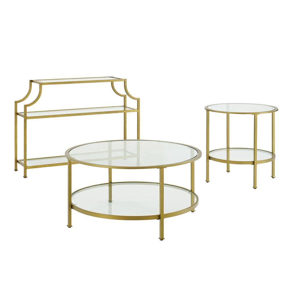 Aimee 3-Piece Gold Round Glass Coffee Table Set with Shelf by CROSLEY FURNITURE 4 Aimee 3-Piece Gold Round Glass Coffee Table Set with Shelf by CROSLEY FURNITURE - Image 2