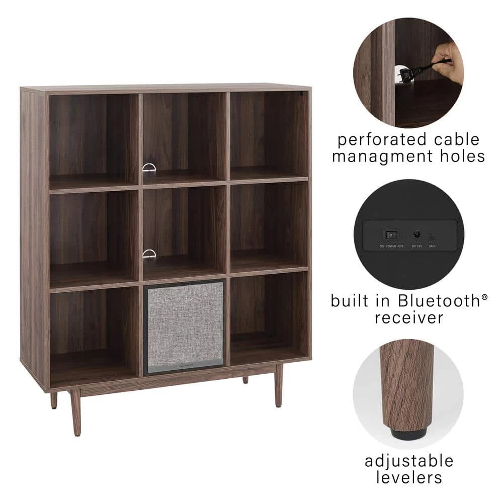 Liam Walnut 9-Cube Record Storage Bookcase with Speaker by CROSLEY FURNITURE 6 Liam Walnut 9-Cube Record Storage Bookcase with Speaker by CROSLEY FURNITURE - Image 4