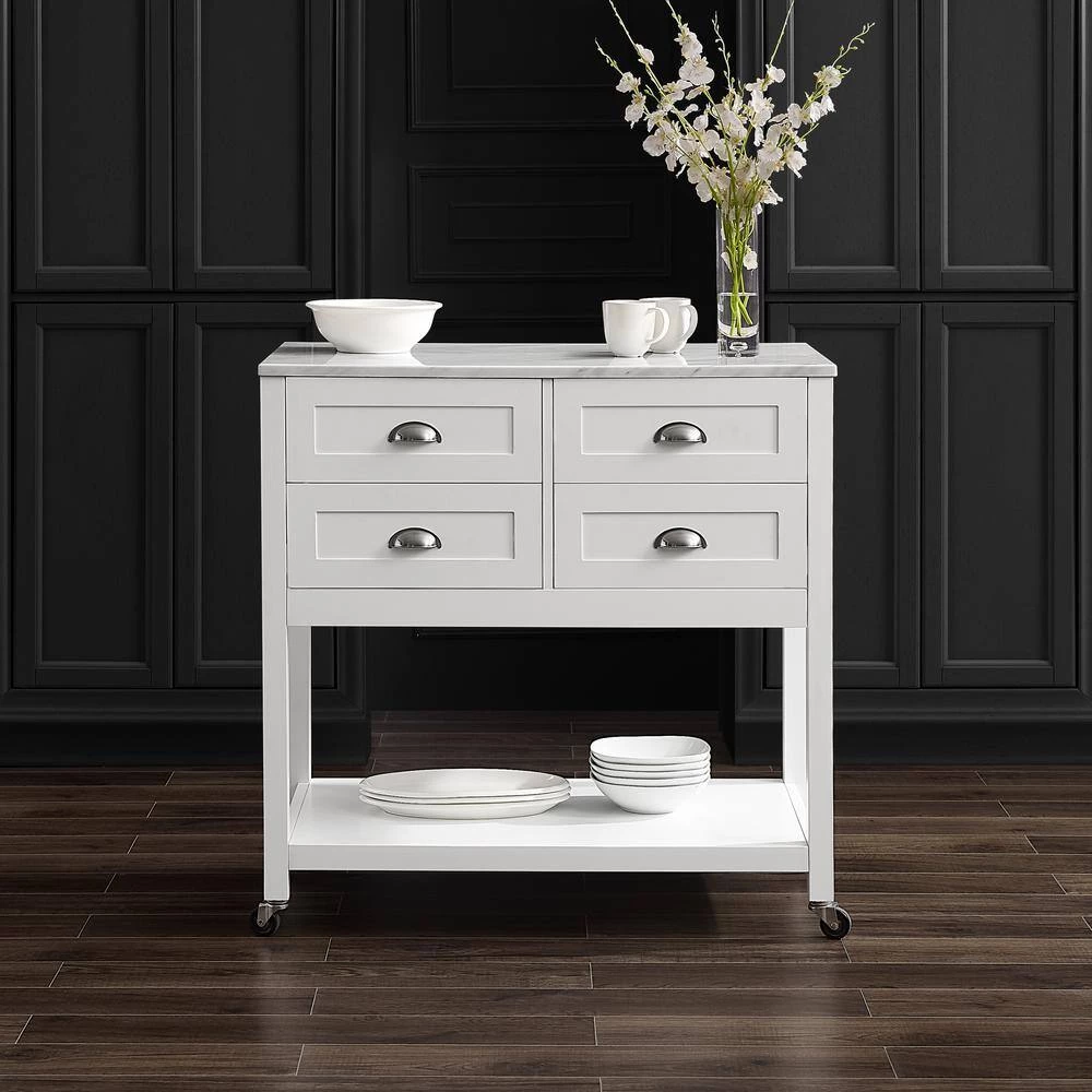 Connell White Kitchen Cart with Faux Marble Top by CROSLEY FURNITURE 10 Connell White Kitchen Cart with Faux Marble Top by CROSLEY FURNITURE - Image 8