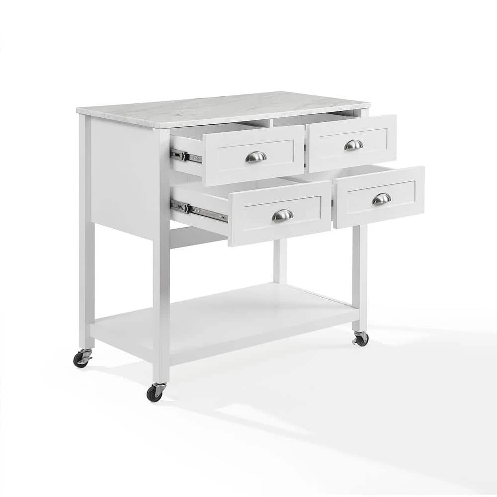 Connell White Kitchen Cart with Faux Marble Top by CROSLEY FURNITURE 6 Connell White Kitchen Cart with Faux Marble Top by CROSLEY FURNITURE - Image 4