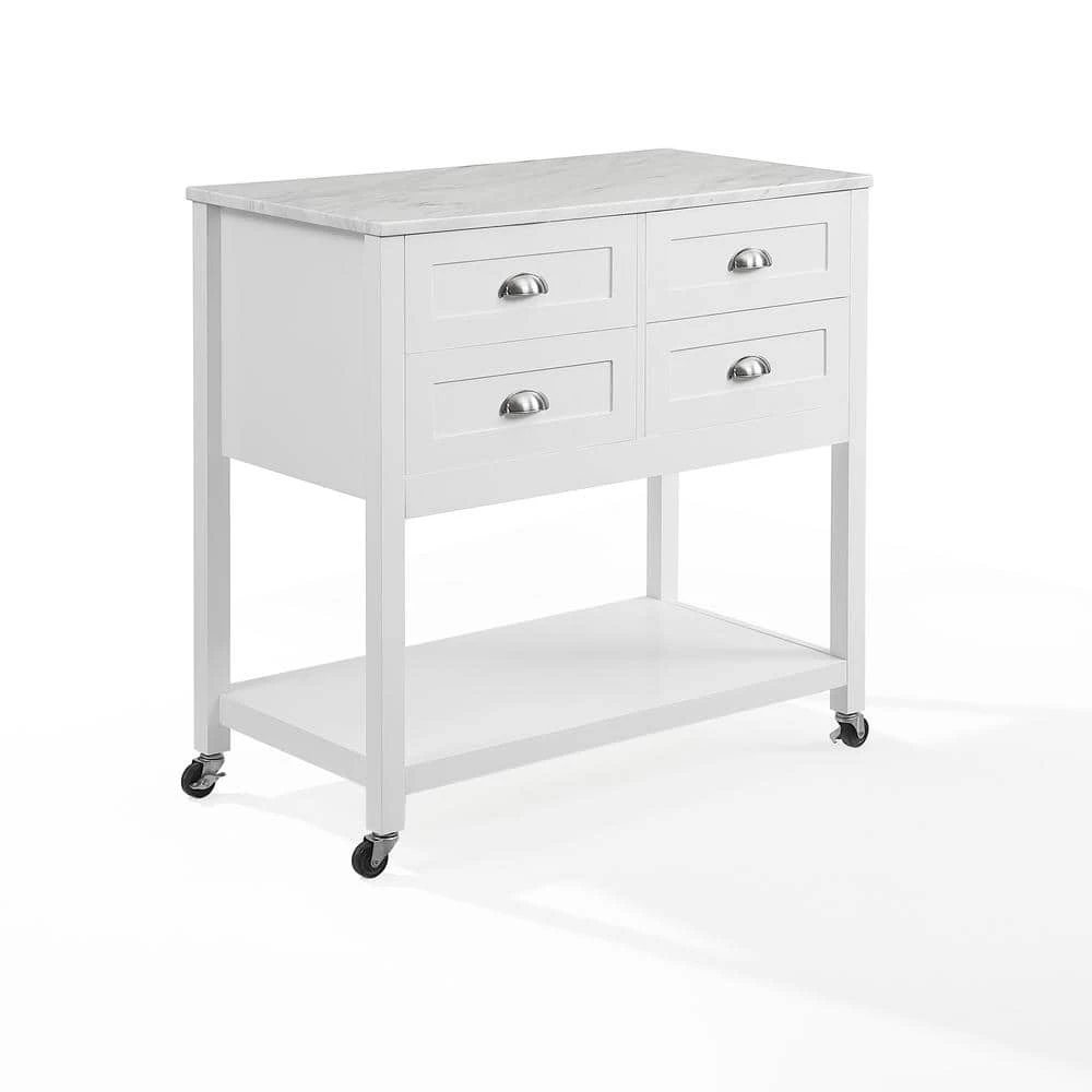 Connell White Kitchen Cart with Faux Marble Top by CROSLEY FURNITURE 3 Connell White Kitchen Cart with Faux Marble Top by CROSLEY FURNITURE