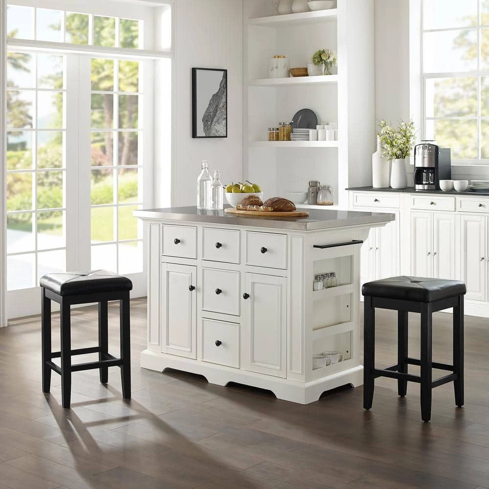 Julia White Kitchen Island with Square Stools by CROSLEY FURNITURE 4 Julia White Kitchen Island with Square Stools by CROSLEY FURNITURE - Image 2