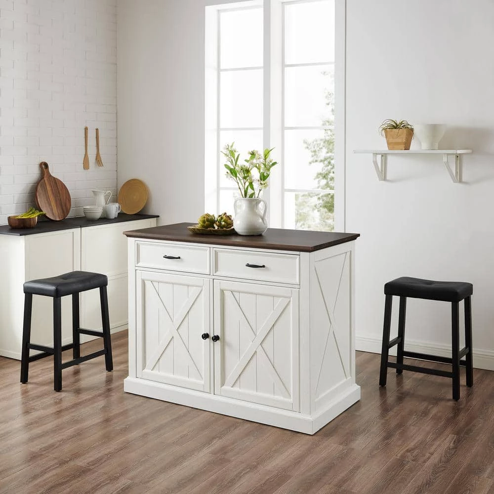 Clifton White Kitchen Island with Saddle Stools by CROSLEY FURNITURE 4 Clifton White Kitchen Island with Saddle Stools by CROSLEY FURNITURE - Image 2