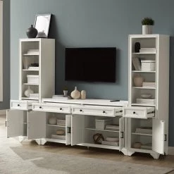Tara 97 in. White Entertainment Center with 4-Drawers Fits TV's up to 65 in. with Bookshelves by CROSLEY FURNITURE -Deals CROSLEY FURNITURE Store white crosley furniture tv stands kf33015wh 44 1000