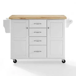 Elliott White Kitchen Cart with Natural Wood Top by CROSLEY FURNITURE
